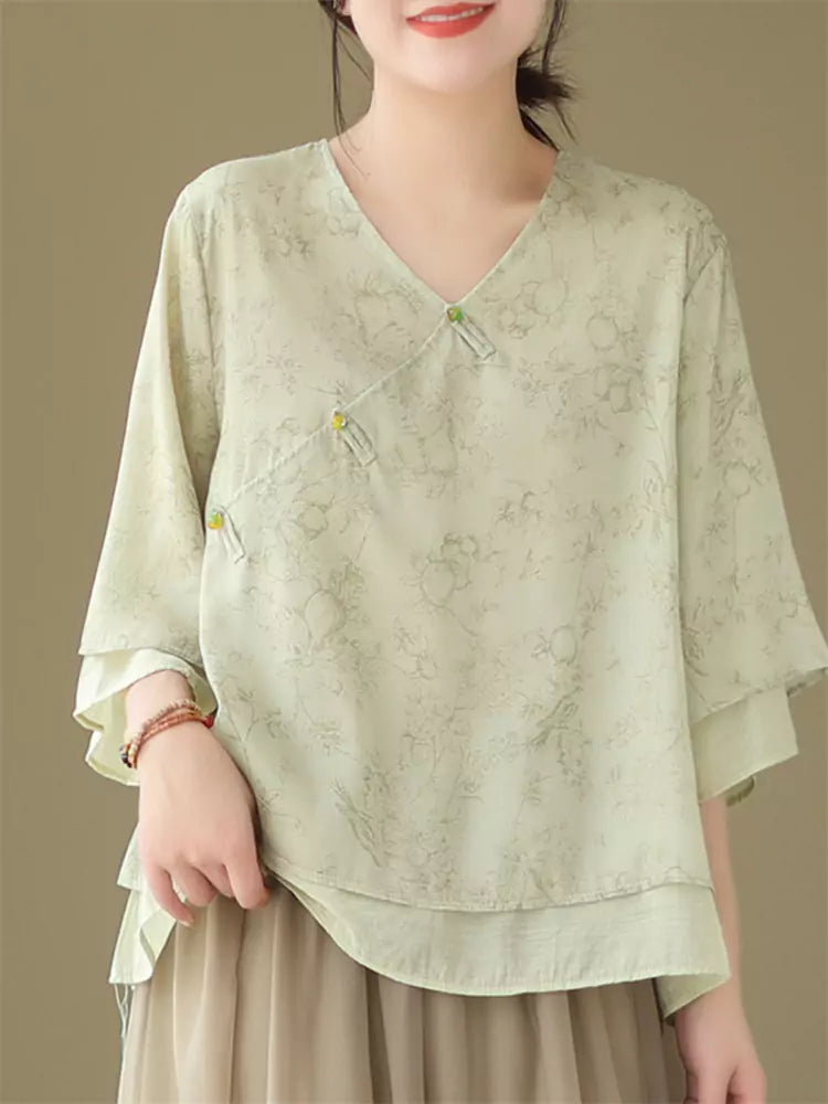 New Chinese Style Cotton Linen V-Neck Shirt with Oblique Placket & Knot Buttons