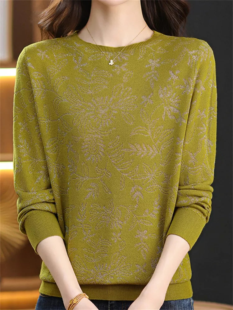 Elegante top de punto jacquard con cuello redondo para mujer