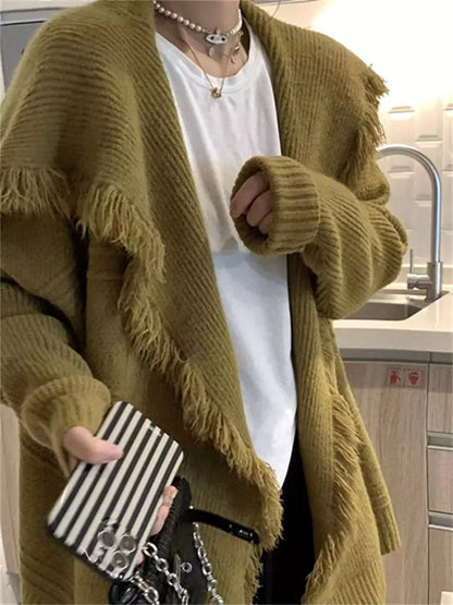 Cárdigan de punto extragrande con flecos y solapa grande de moda