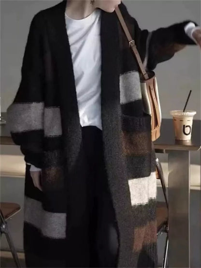 Cárdigan holgado de punto grueso a rayas con bloques de color, largo medio y corte holgado para mujer