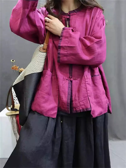 Schicke, locker geschnittene Leinenbluse im chinesischen Stil, rosa, Rundhalsausschnitt, lockere Passform
