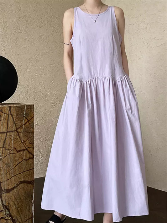 Purple Minimalist Chic Pleated Tank A-line Maxi Dress