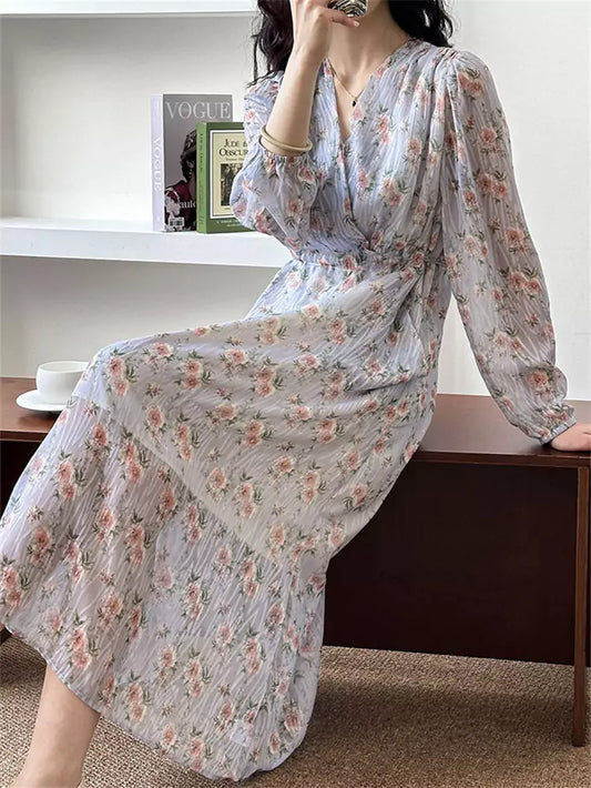 Women's Relaxed Fit Cinched Waist V-Neck Floral Maxi Dress