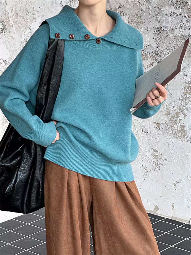 Weißer, einfarbiger Strickpullover im koreanischen Stil mit Kragen und Design