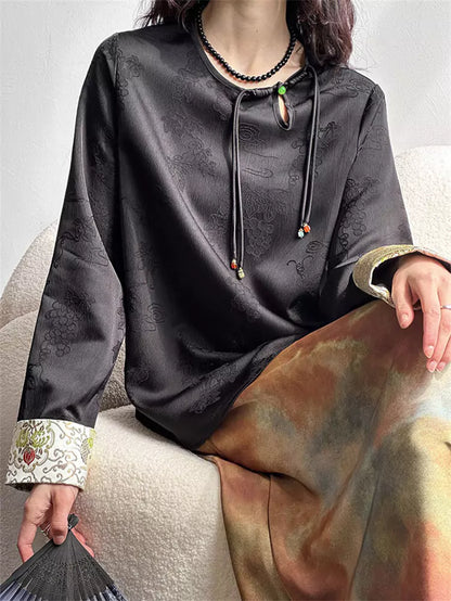 Vintage Inspired Apricot Satin Jacquard Blouse with Chinese Knot Buttons