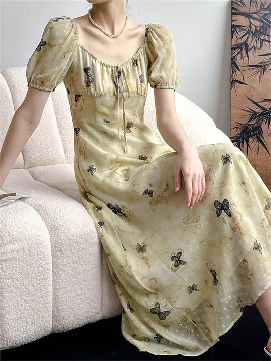 Vintage Print Elegant Slim Fit Midi Dress