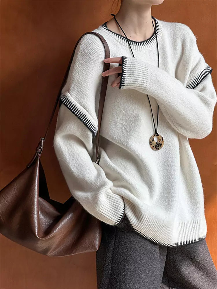 Koreanischer minimalistischer, handgenähter Strickpullover mit Rundhalsausschnitt