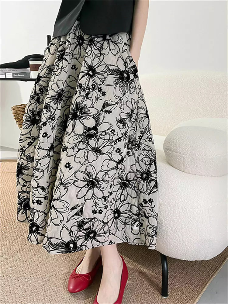 Artisan Vintage French High Waist Flocked A-Line Midi Skirt