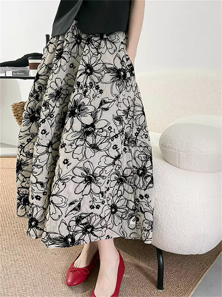 Falda midi francesa vintage artesanal de talle alto con flocado y corte A