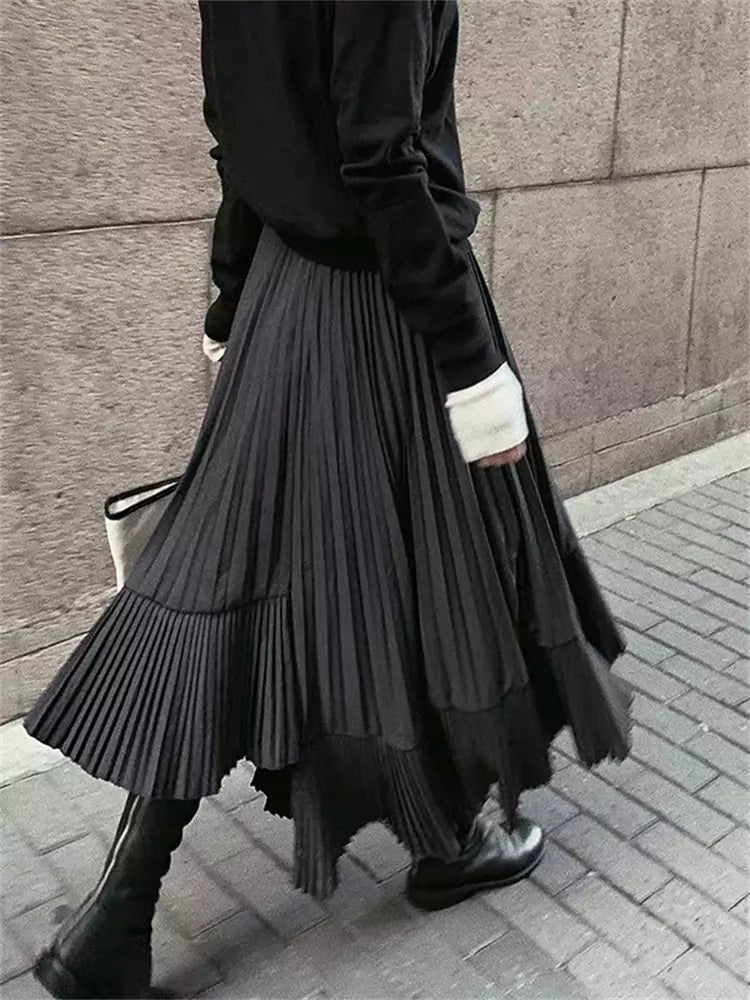 High-Waist Black Pleated Midi Skirt with Irregular Fishtail Hem