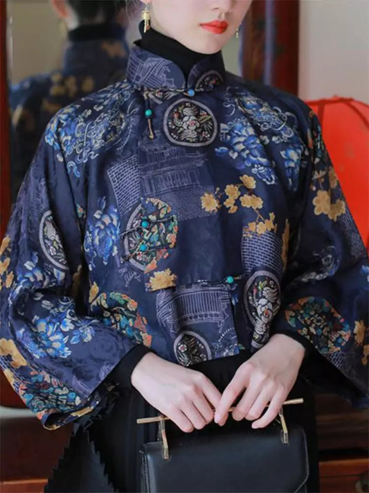 Vintage Chinese-Style Short Jacket with Flowing Sleeves