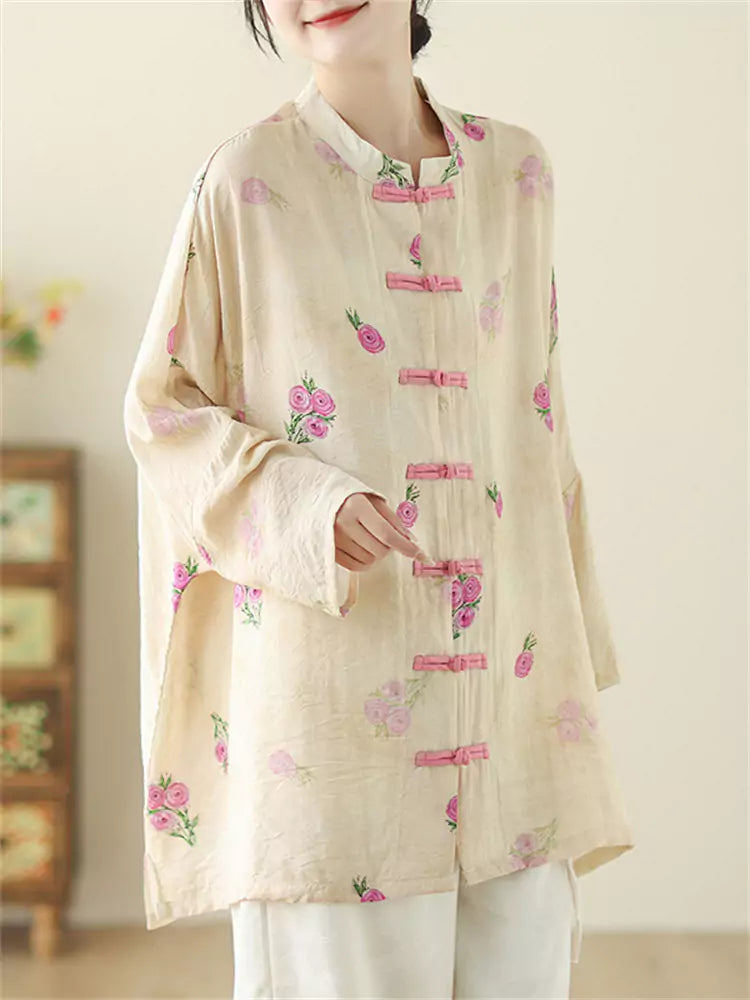 Oriental Style Loose Linen Blouse with Stand Collar and Frog Buttons