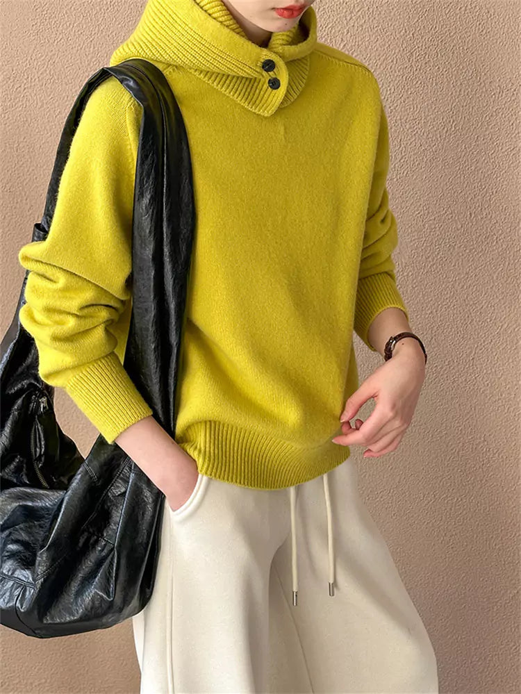 Gelber Damen-Strickpullover mit abnehmbarer Kapuze und Rundhalsausschnitt mit Design