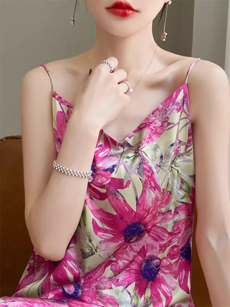 Elegant French-Inspired Silk Strap Midi Dress with Ink Wash Design