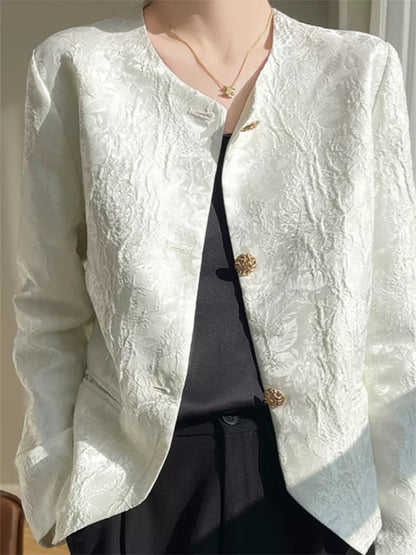 Elegante aprikosenfarbene Jacquard-Jacke mit Rundhalsausschnitt und orientalischem Design