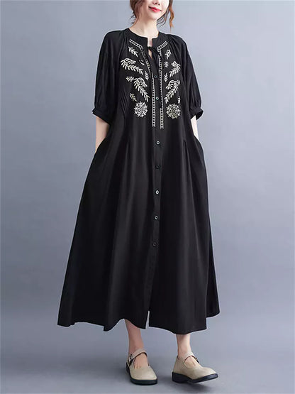Black Loose Fit Ethnic Style Maxi Dress with Embroidery and Tie Details