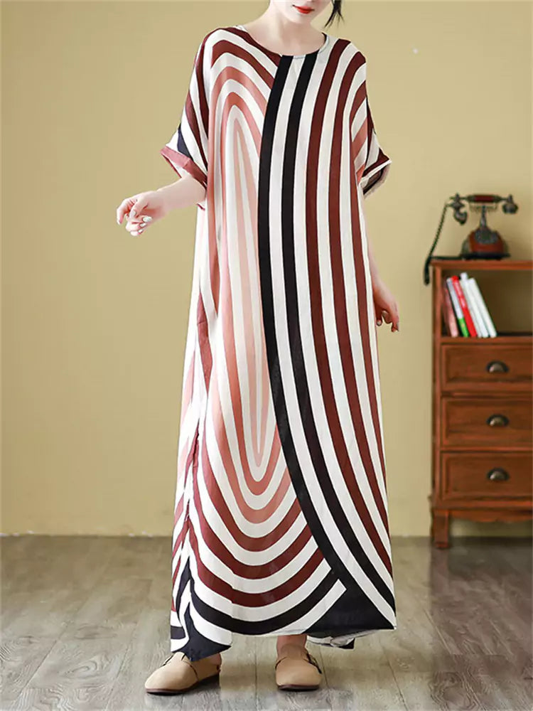Bohemian Vacation Style Beach Dress Plus Size Short Sleeve