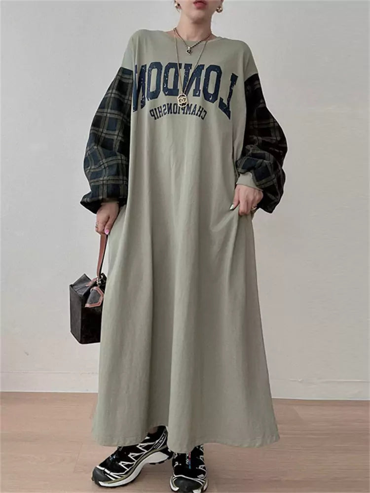 Women's Round Neck Letter Print Patchwork Plaid Lantern Sleeve Dress