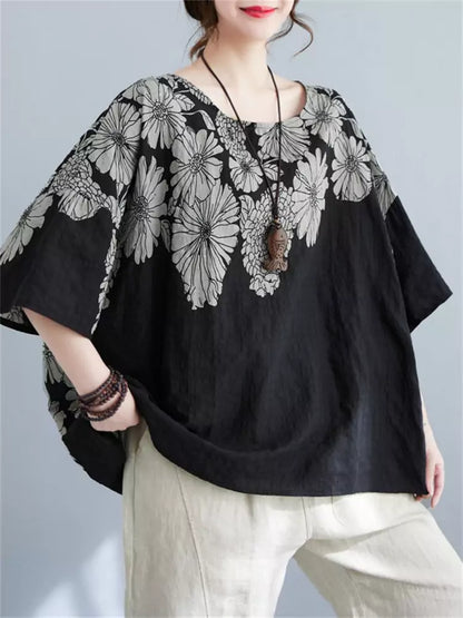 Linen Blend Ethnic Style Floral Print Batwing Sleeve Crew Neck T-Shirt