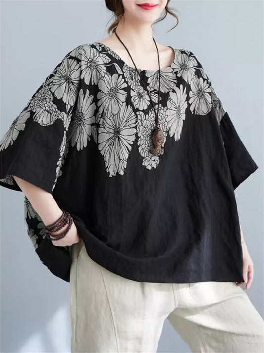 Linen Blend Ethnic Style Floral Print Batwing Sleeve Crew Neck T-Shirt