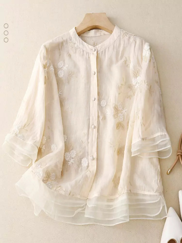 High-End Green Linen Embroidered Shirt for Women – Loose-Fit Stylish Top with Unique Patchwork Design