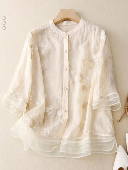 Hochwertiges, grünes Leinenhemd mit Stickerei für Damen – Lässiges, stylisches Oberteil mit einzigartigem Patchwork-Design