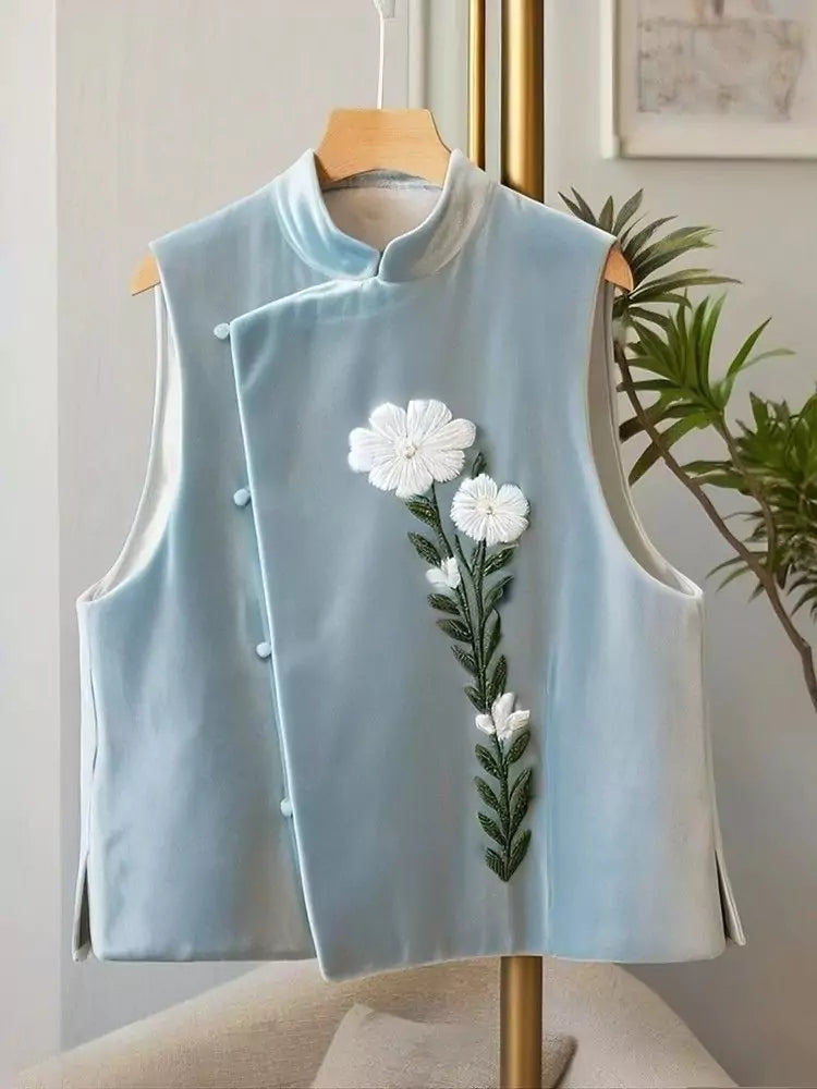 Elegant Blue Velvet Vest Top for Women – New Chinese Style with Exquisite Embroidery for Fall & Winter
