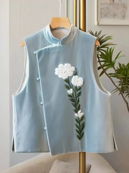 Elegantes blaues Samt-Top für Damen – Neuer chinesischer Stil mit exquisiter Stickerei für Herbst und Winter