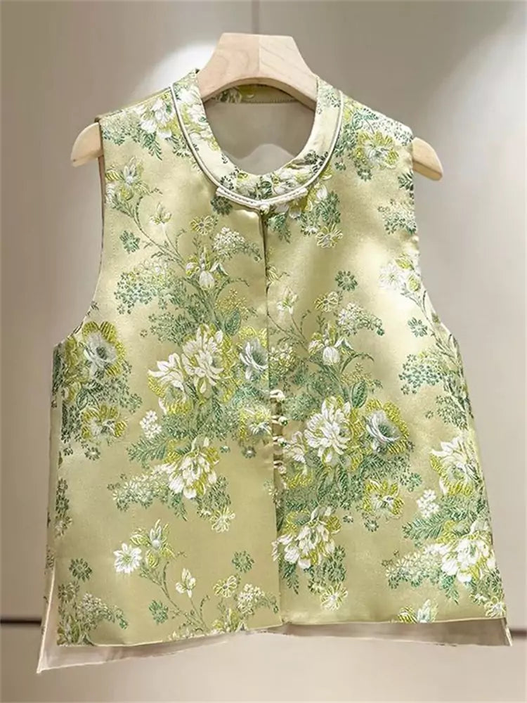 Luxury Jacquard Vest for Women – Vintage Chinese Style Waistcoat with Frog Buttons for Spring & Autumn