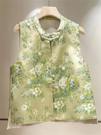 Luxury Jacquard Vest for Women – Vintage Chinese Style Waistcoat with Frog Buttons for Spring & Autumn