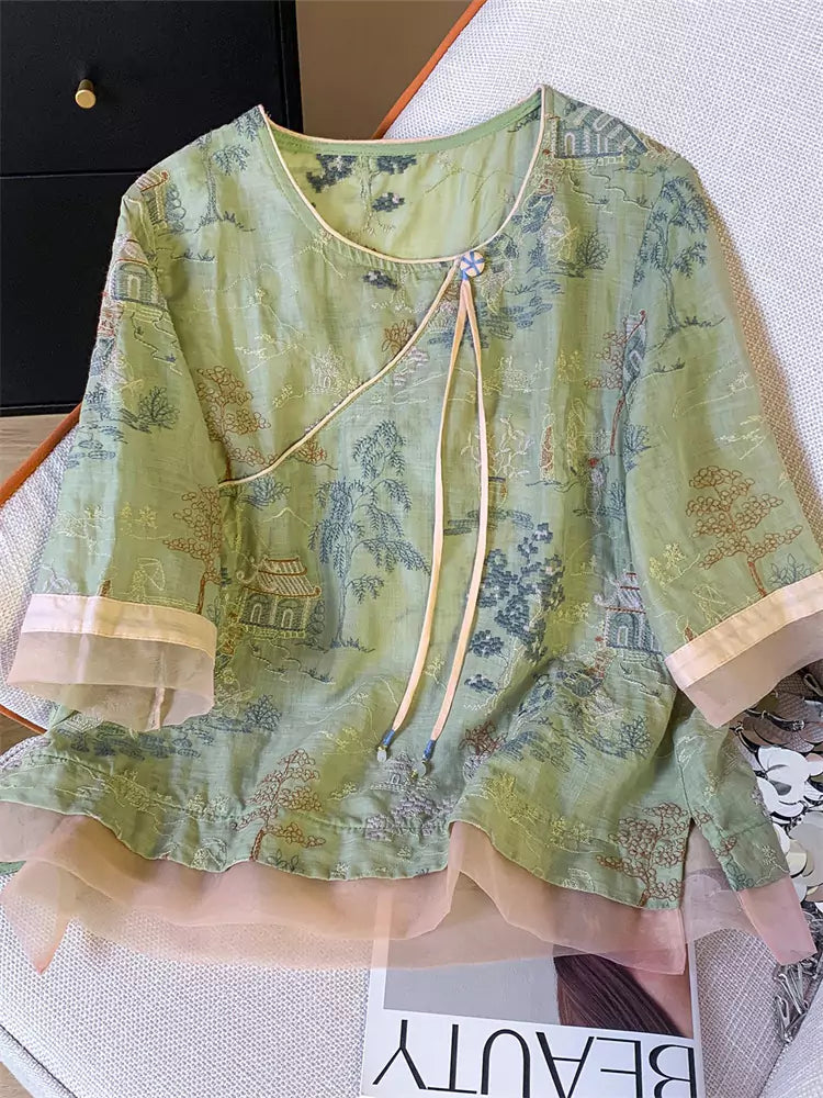 Blusa ligera de algodón y lino bordada con paisaje artístico y patchwork de organza en estilo chino moderno.