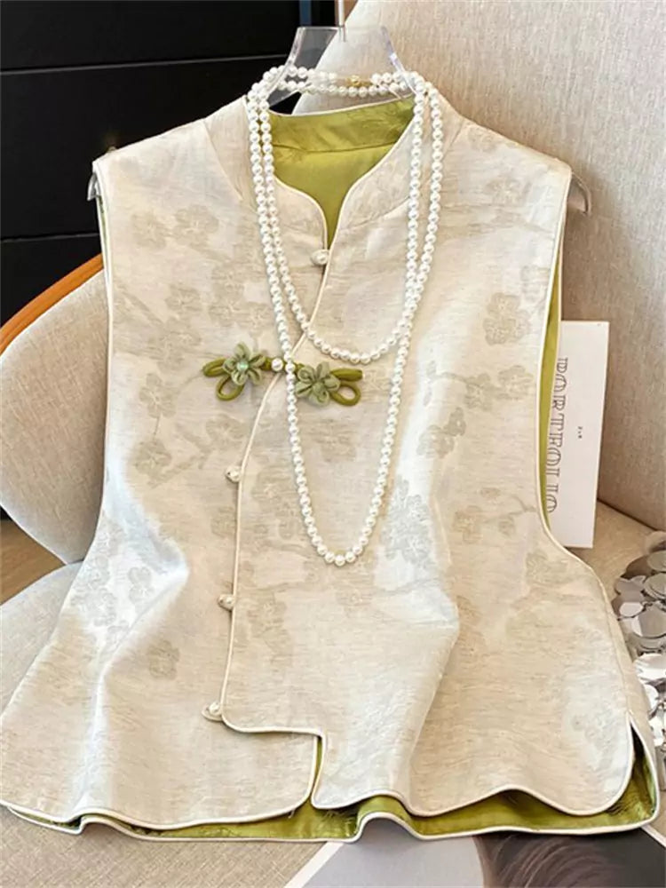 Chaleco elegante de jacquard con cuello redondo estilo chino para mujer