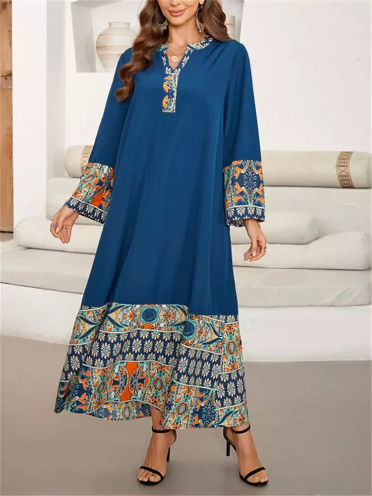 Elegant Long V-Neck Printed Patchwork Maxi Dress with 3/4 Sleeves