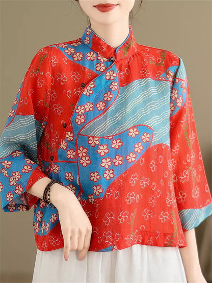 Vintage-Teebluse im chinesischen Stil mit Ramie-Print, Stehkragen und asymmetrischem Verschluss