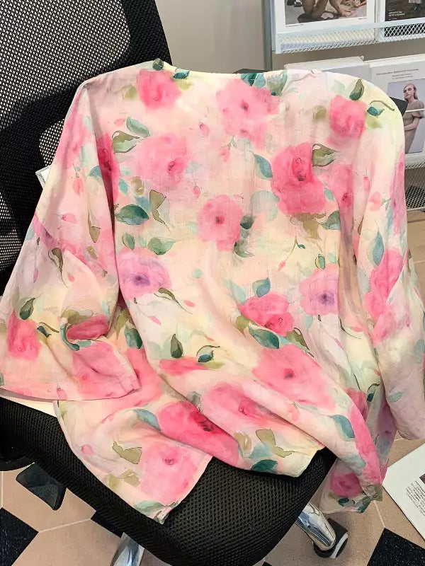 New Chinese Style Summer Pink Floral Ramie  Blouse with Asymmetrical Frog Buttons and 3/4 Sleeves