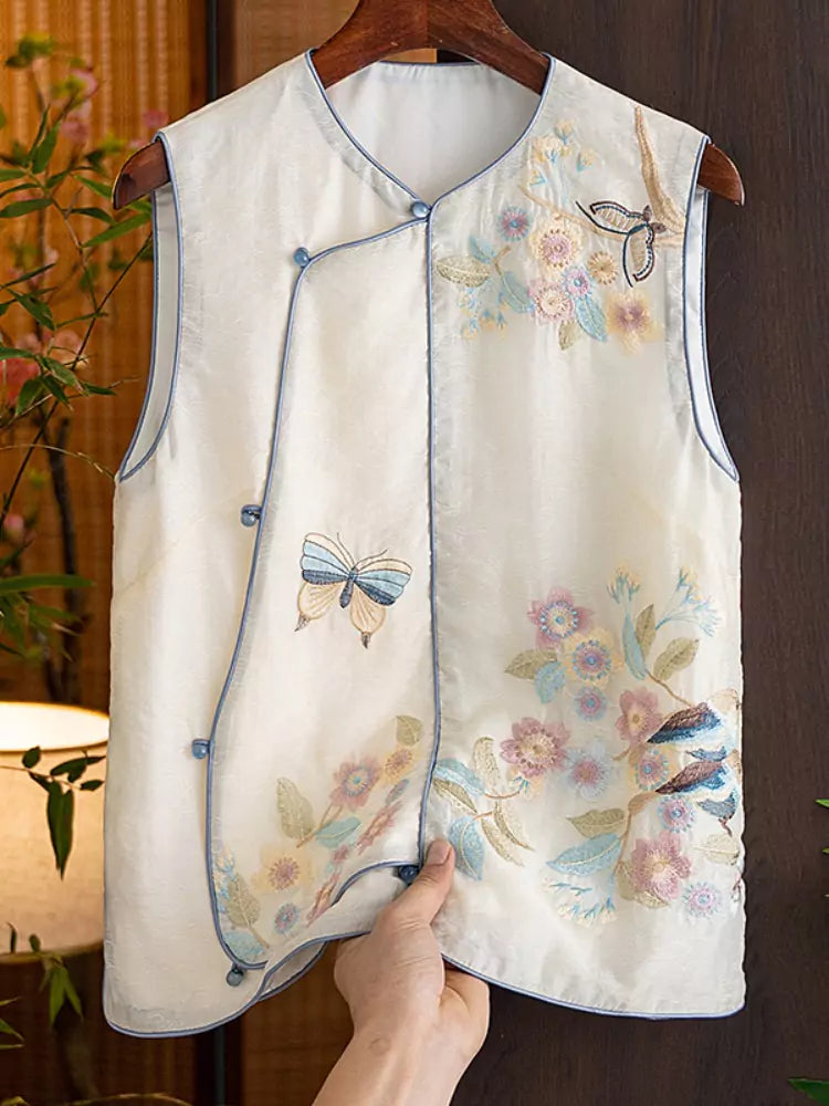 Neue Tencel-Weste im chinesischen Stil für Damen – leichtes, ärmelloses Sommertop mit asymmetrischem Verschluss und exquisiter Stickerei.
