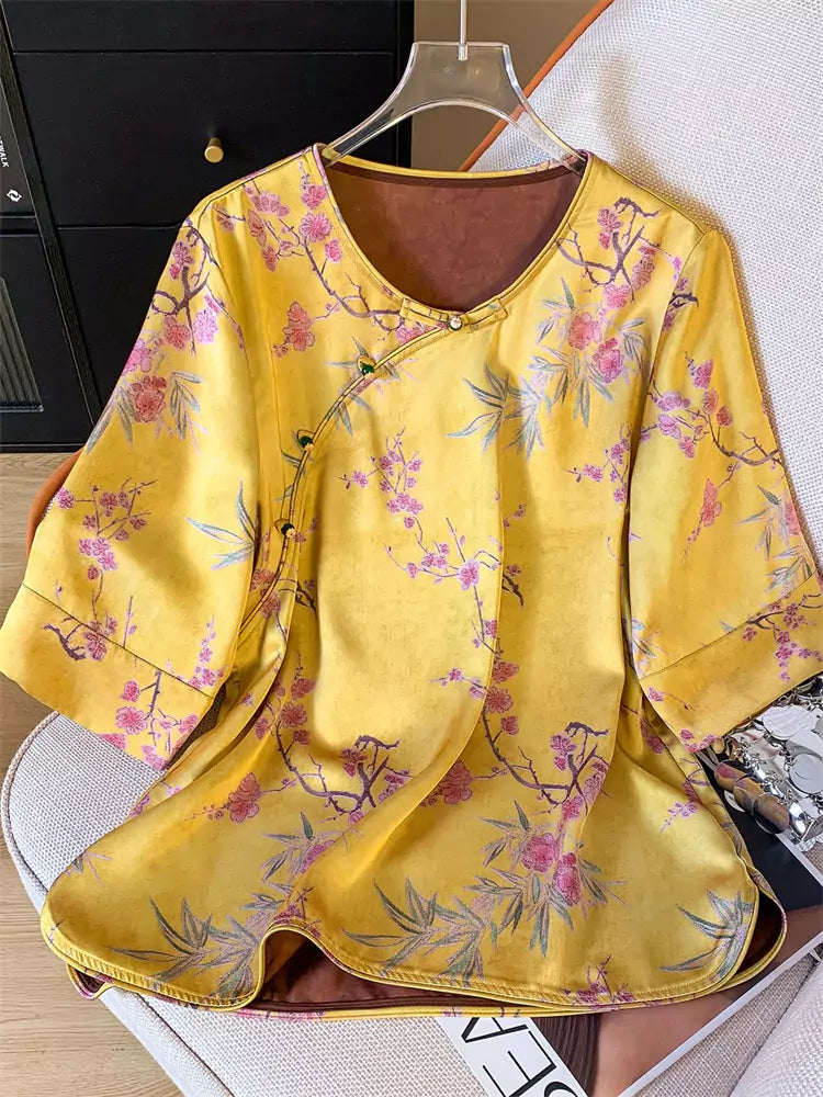 Blusa asimétrica de satén jacquard estilo chino para mujer con botones de rana
