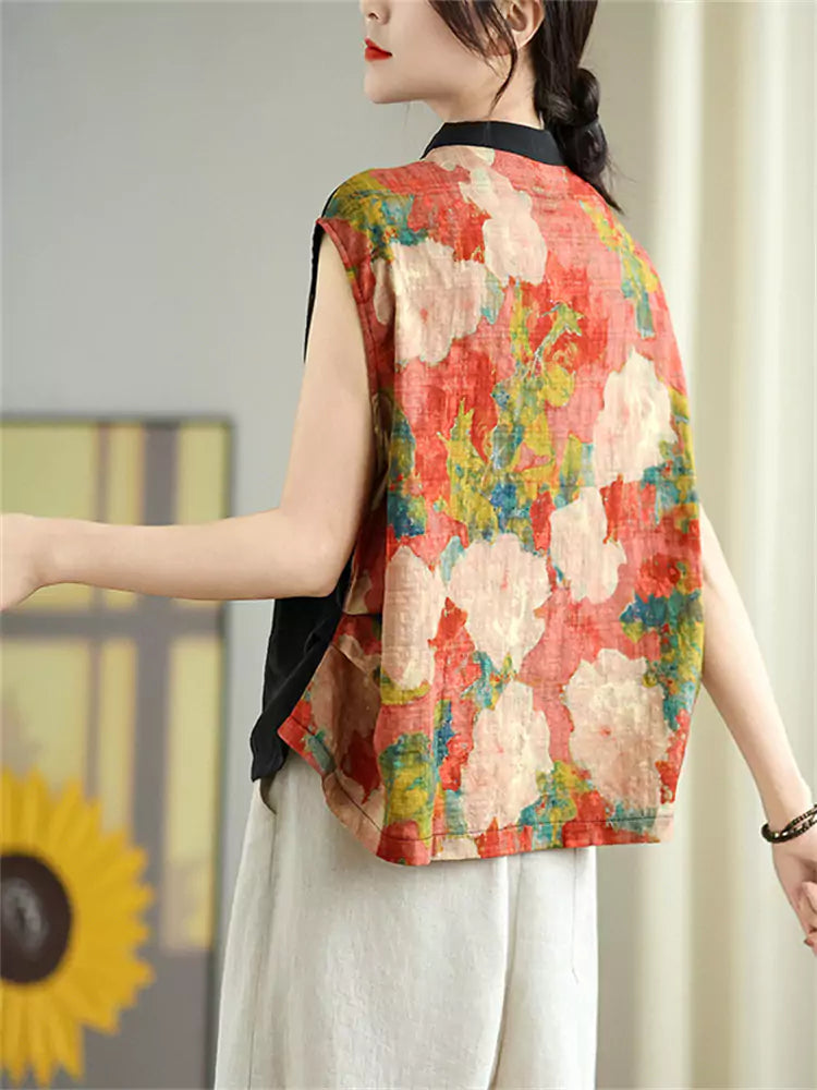 Vintage Patchwork Linen Tank Top for Women with Artistic Floral Print and Breathable Design