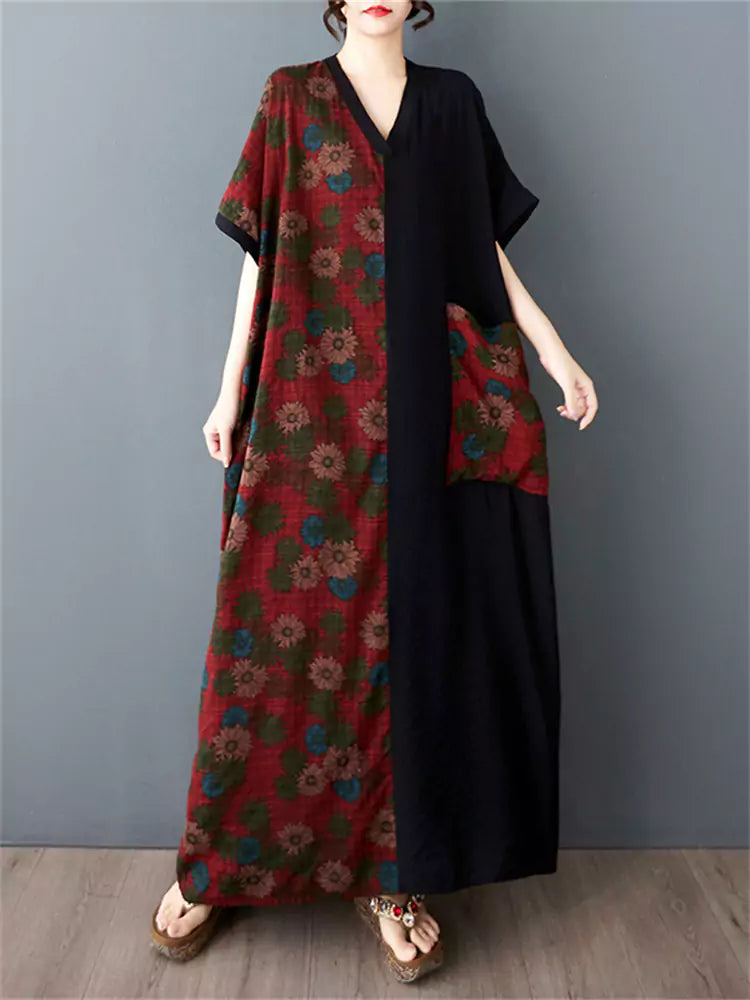 Vestido largo de algodón y lino con cuello en V, manga corta, diseño de patchwork floral y bloques de color, talla grande