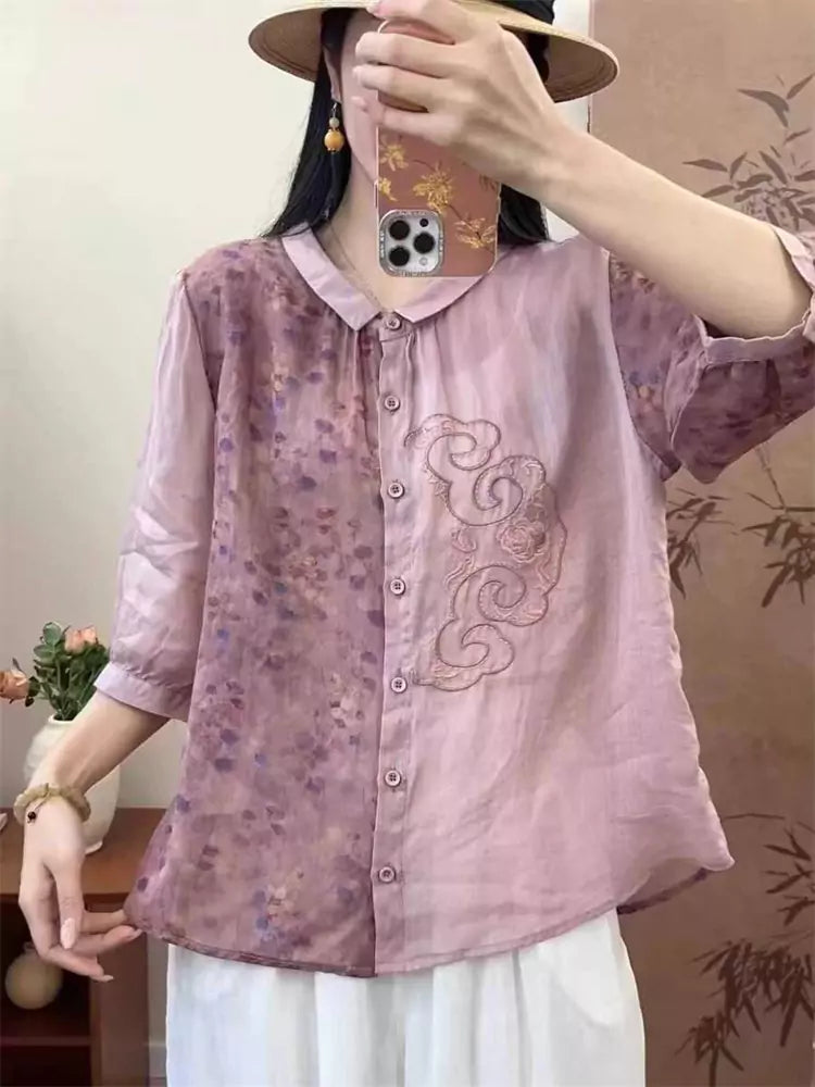 Bluse im chinesischen Stil aus Ramie mit Blumenmuster, locker geschnitten, 1/2 Ärmel, für Damen