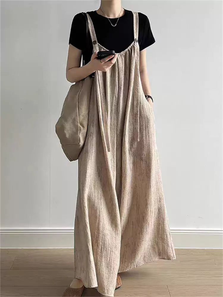 Mono holgado de lino vintage de verano con pernera ancha y tirantes con drapeado suave