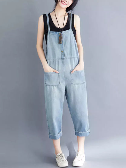 Overol vaquero holgado de talla grande 9/10 para mujer con bolsillos dobles