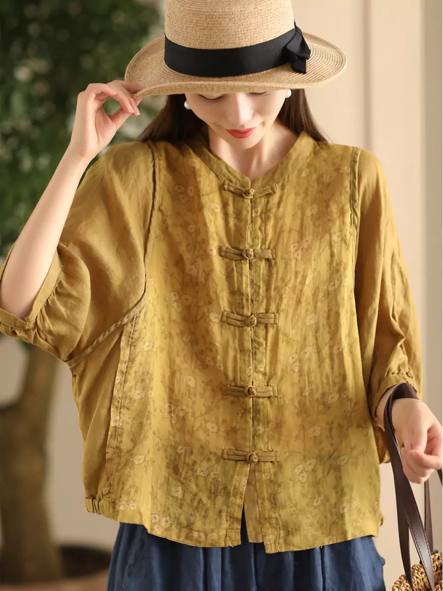 Vintage Ramie Jacquard Stand-Collar Shirt for Women with Frog Button