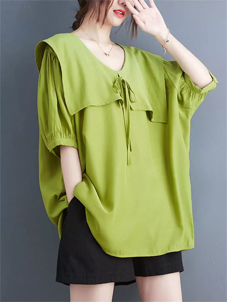 Plus Size Summer Loose-Fit Short Sleeve Shirt with Cape Detail and Doll Collar