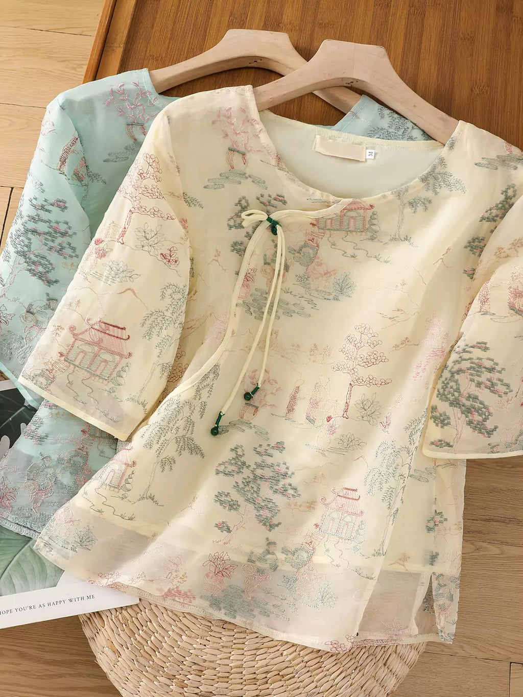 Chinese Style Organza Embroidered Short Sleeve Blouse with Asymmetrical Closure