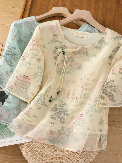 Kurzarmbluse aus Organza im chinesischen Stil mit Stickerei und asymmetrischem Verschluss