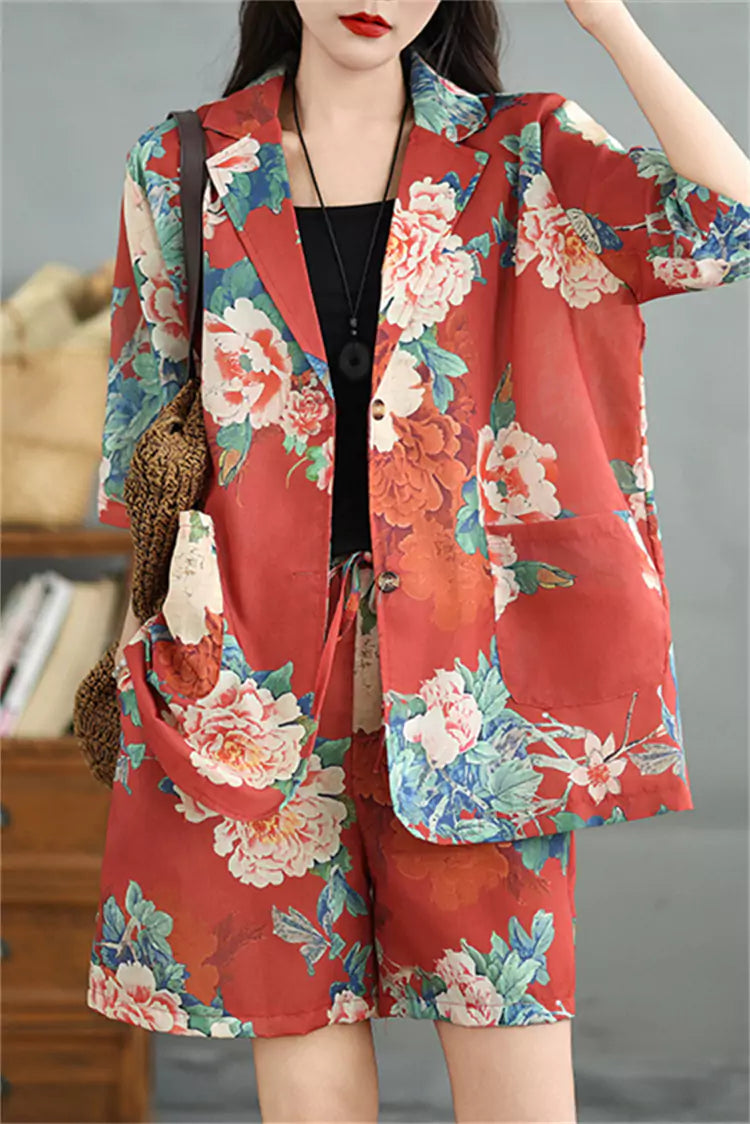 Summer Pink Floral Print Linen Two-Piece Suit for Women Vintage Loose-Fit Blazer and Shorts Set