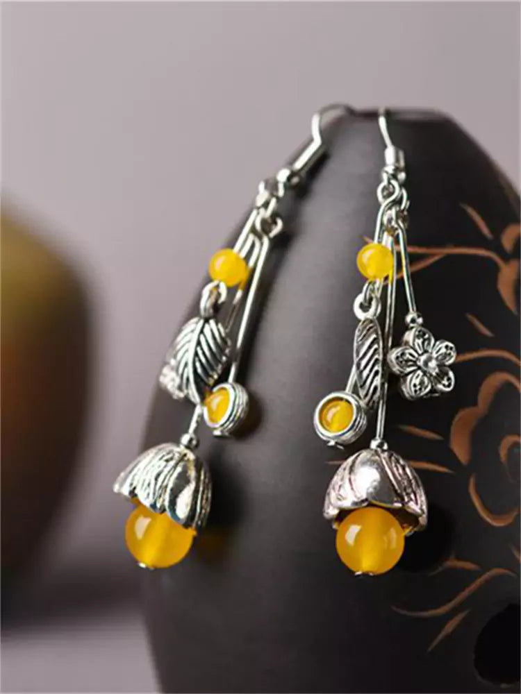 Pendientes largos colgantes de ágata amarilla de plata tibetana estilo palacio étnico