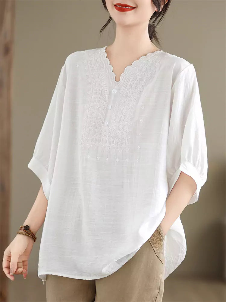 Plus Size Solid Color Embroidered Cotton Linen Short Sleeve Top For Women