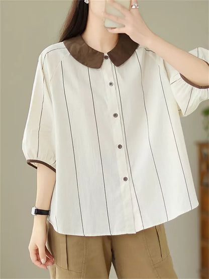 Preppy-Bluse mit Farbblock-Design, Peter-Pan-Kragen, Streifen und kurzen Ärmeln für Damen